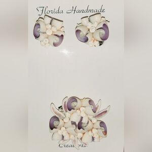 Florida Handmade Creations Sea Shell Art Earrings & Brooch Vintage White & Lilac